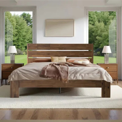 Queen Size Bed Frame with Headboard & Footboard Solid Wood Platform Bed, Central Metal Legs, 12 Sturdy Slatted Base, Easy Assembly, No Box Spring Needed, Anti-Noise & Slip-Free, Walnut Finish