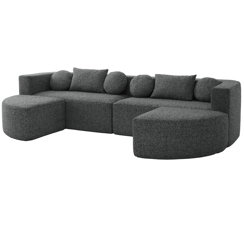 Boneless Modular Sectional 114.9" With Unique Curved Modules, Comfortable Seating, And Boucle Fabric For Living Room, 6 Seats, Black - Combined Design, Deep Soft & Wear Proof