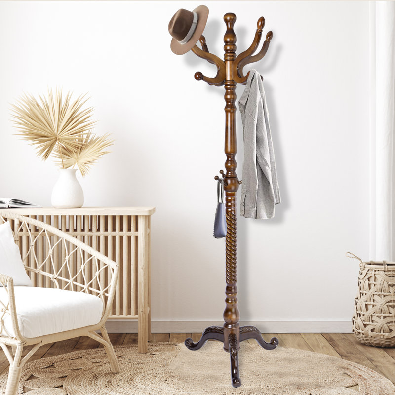 73" H Solid Wood Coat Rack With 14 Hooks – Freestanding Hall Tree For Entryway Or Bedroom, Walnut Tri-Legged