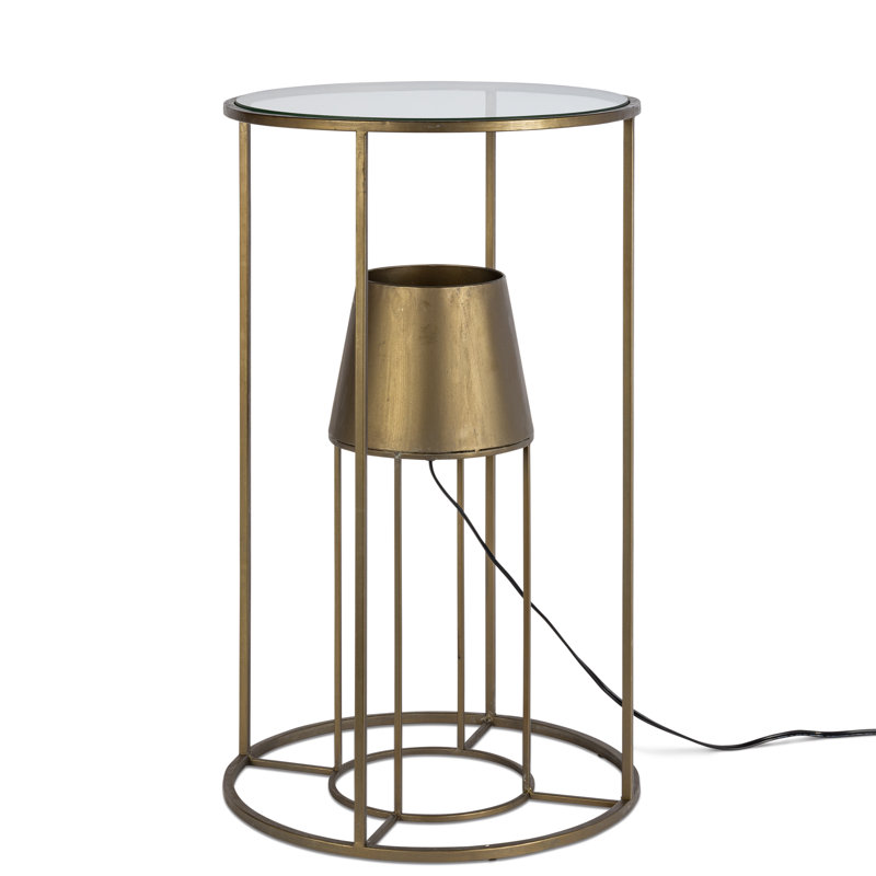 Table d'appoint ronde en métal H 27,55 po avec plateau en verre et lampe électrique intégrée