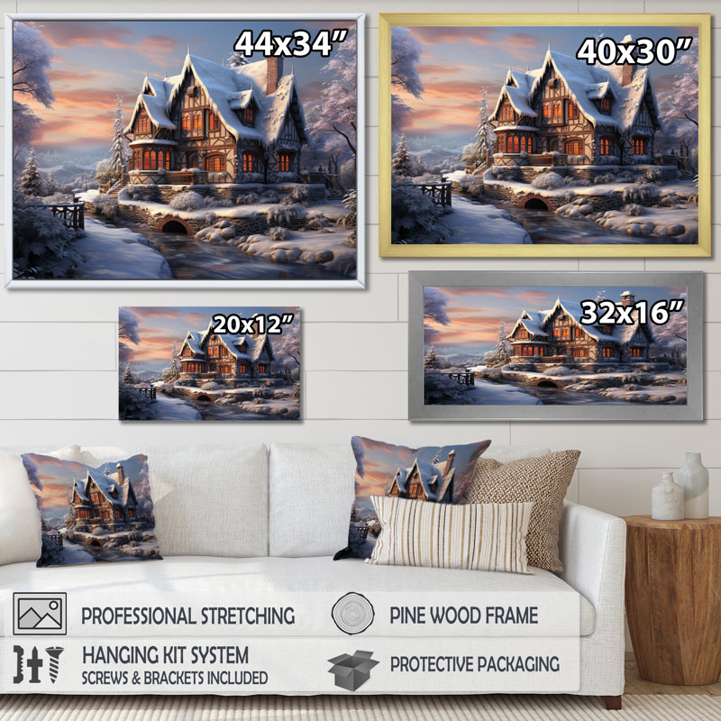 Winter Snowy Cottage III, reproduction d'art sur toile, 24" H x 32" W, Cadre flottant doré