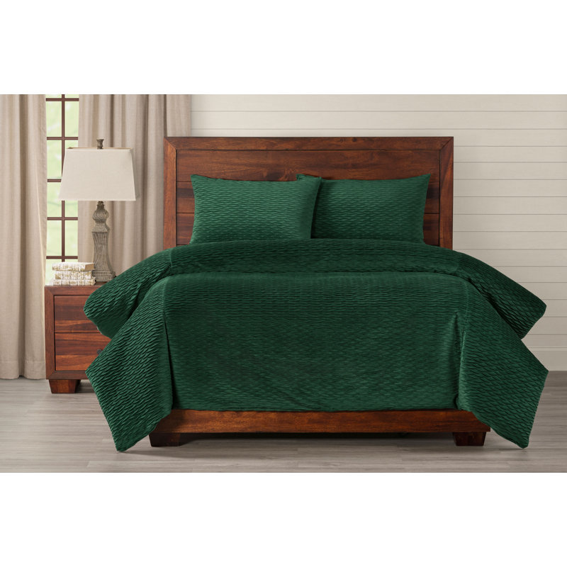 Pleated Velvet Emerald Green Duvet Cover Set, California King Duvet Cover + 2 King Shams