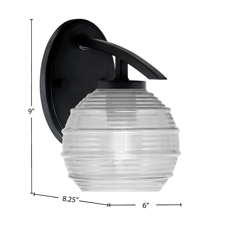 Kurve Wall Sconce With 6" Ribbed Glass, Matte Black, Clear