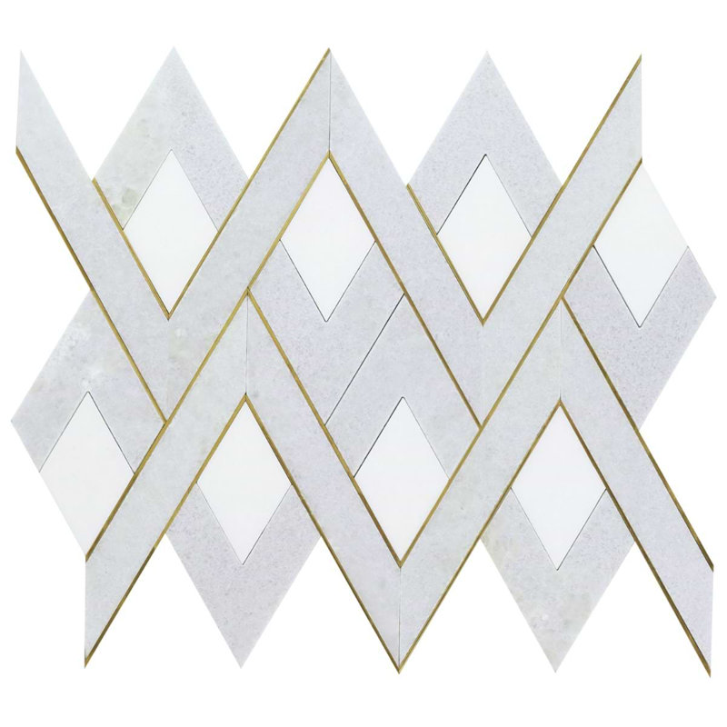 Zeta 12x16 Polished Marble and Brass Inlay Waterjet Mosaic Tile, Celeste Blue