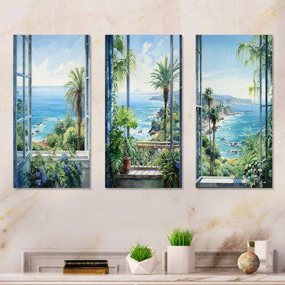 Tropical Windows To The Beach I - Coastal Windows Metal Wall Art Living Room Set Of 3