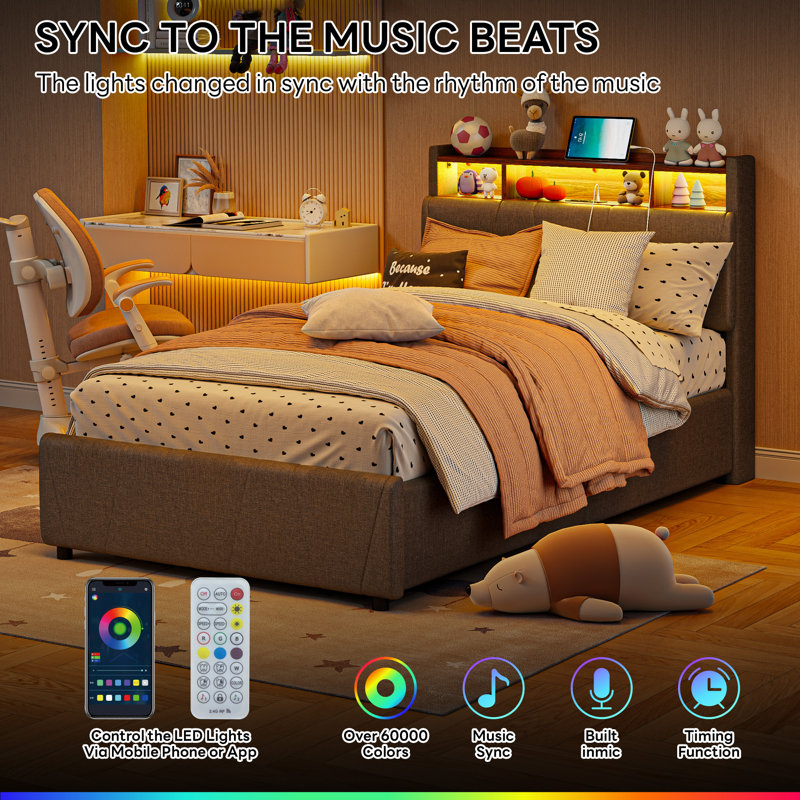 Twin Size Bed Frame With 2 Drawers, Upholstered Platform Bed Frame With Led Lights & Charging Station, No Box Spring Needed