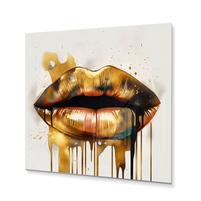 Gold Lips of Luxury I - impression sans cadre sur métal, H 23 po x l 23 po x P 1 po