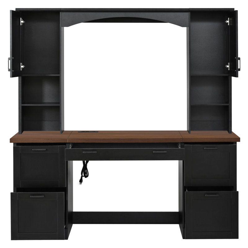 Bureau d'ordinateur Farmhouse avec arche avec huche, poste de travail Mid-Century en noyer avec station de charge et plateau à clavier, bureau d'écriture tout-en-un avec tiroir classeur pour bureau, noir
