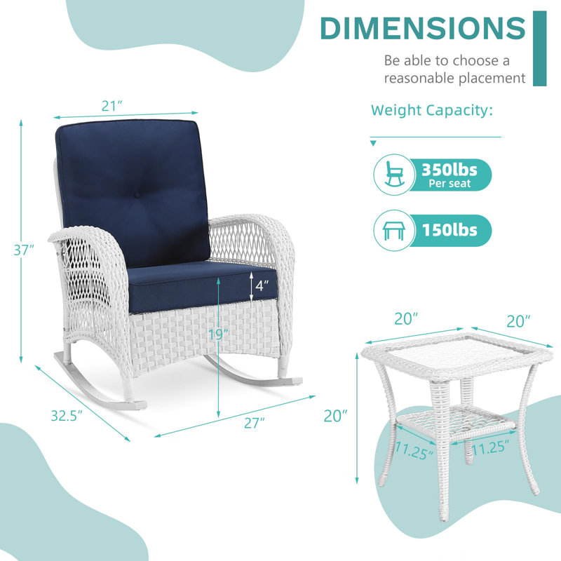 Bay Isle Home™ 3 Pieces Patio Conversation Set, Rattan Outdoor Rocking Patio Bistro Set With 2 Rockers And 1 Side Table With 4" Thick Cushions, Outdoor Furniture Set For Porch Backyard, White Wicker