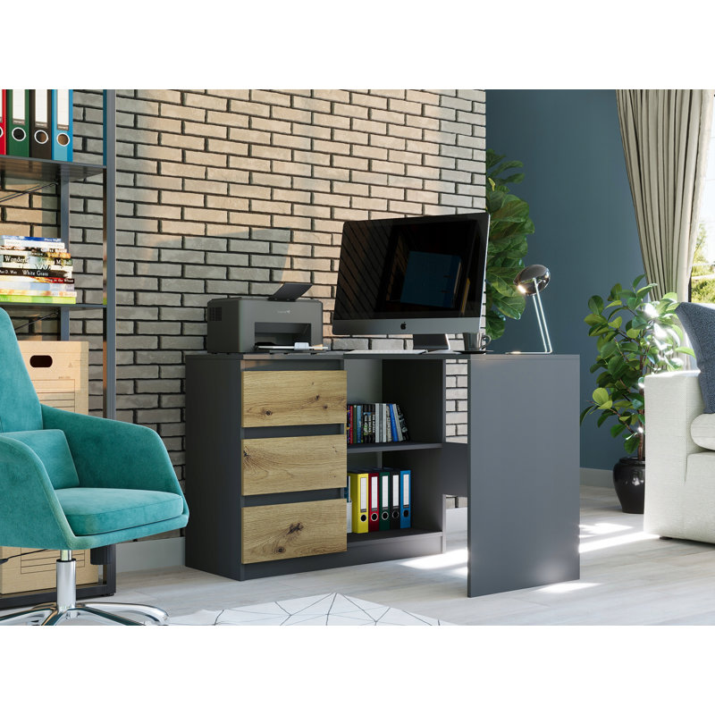 Ardeleana L-Shaped Computer Table, Black/Brown, Left Hand Return