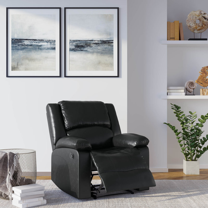 Sanie 37.8" Faux Leather Manual Recliner, Black Faux Leather