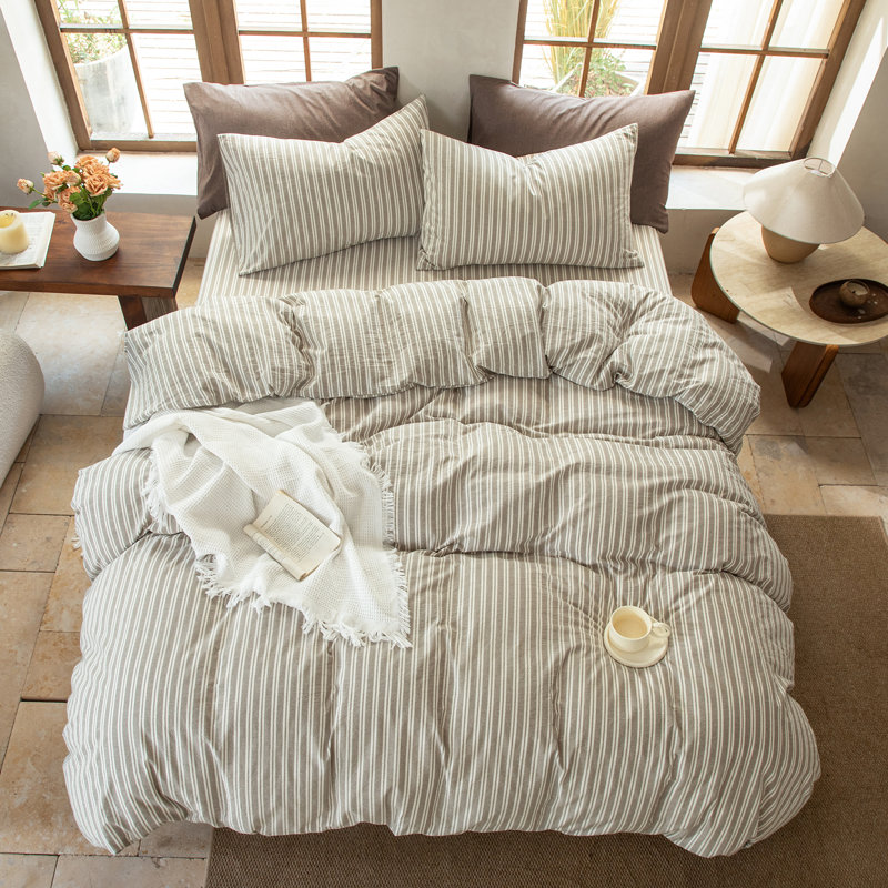 Ensemble de housse de couette rayé 100% coton délavé DONEUS, Lin gris, Housse de couette double + 2 taies d'oreiller stan