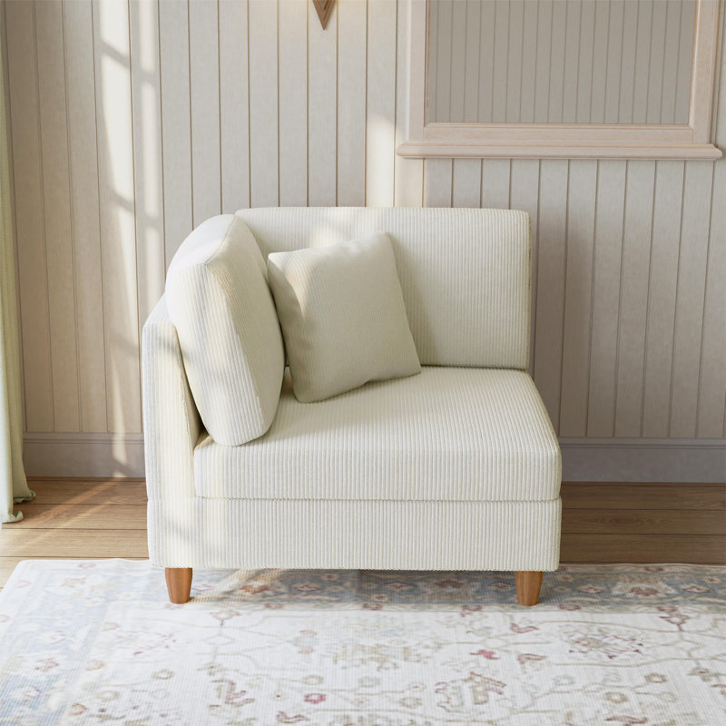 Seemab Upholstered Beige Corduroy Armchair with Pillow Back, One Arm Single Chair Module Part For Sectional Sofa, Beige