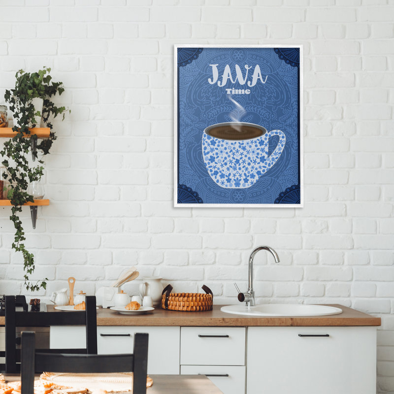 Java Time Blue Coffee Mug Framed Giclee, design by Lori Mosley, 20" H x 16" W, Coastal White Framed Giclee