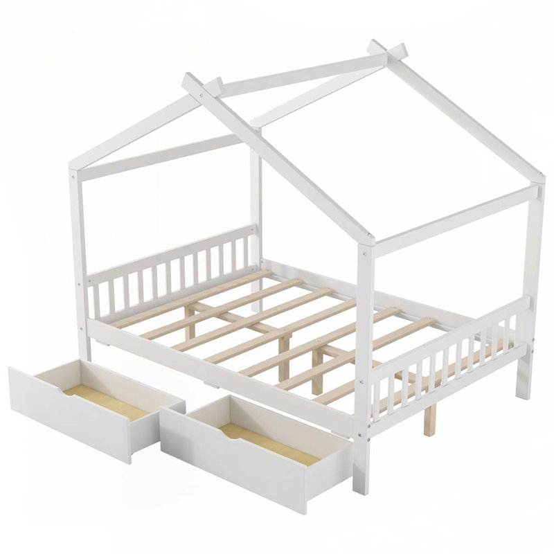 Lit plateforme House avec deux tiroirs, Blanc