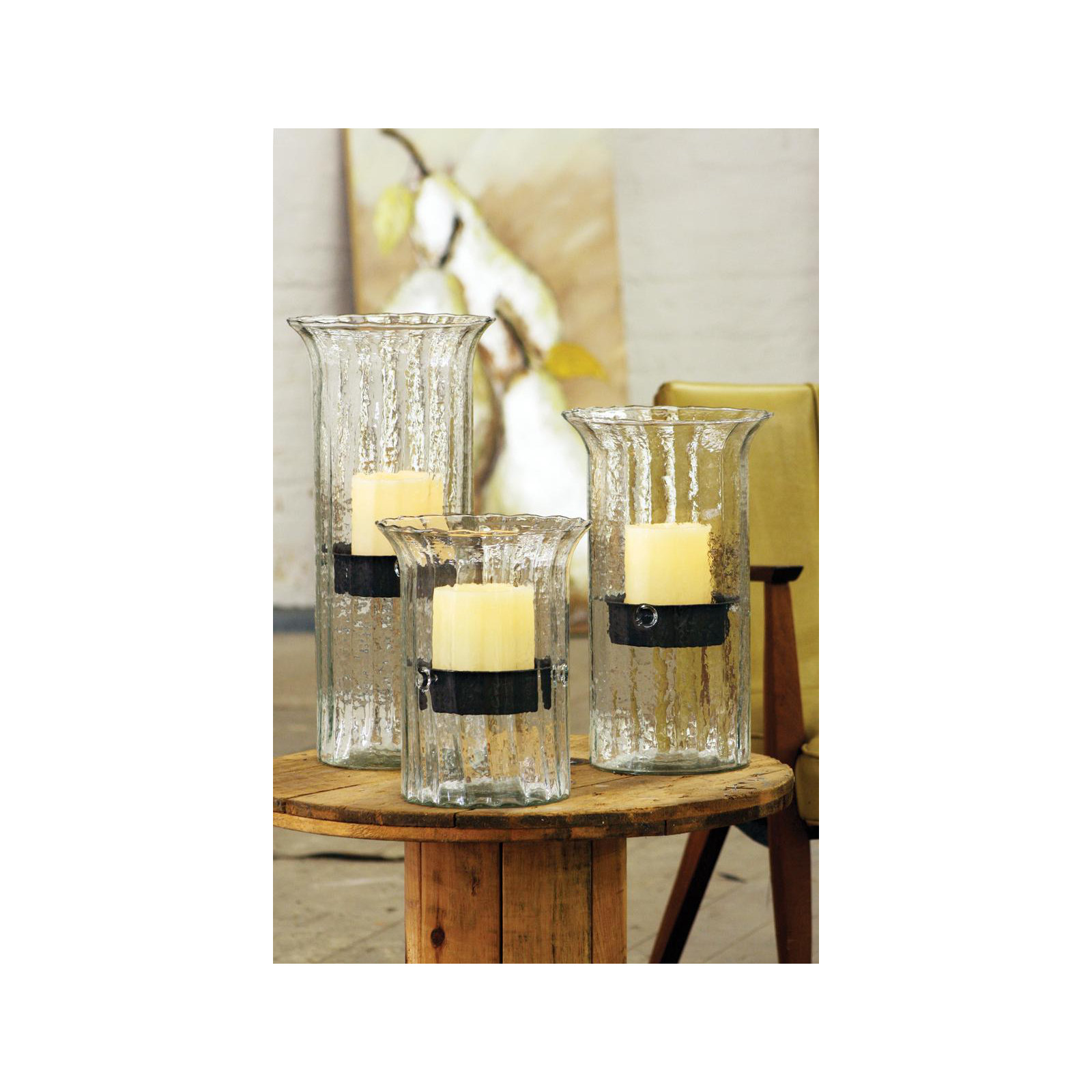 Ribbed Glass Candle Cylinder with Rustic Insert - Large, 19" H x 7" W x 7" D