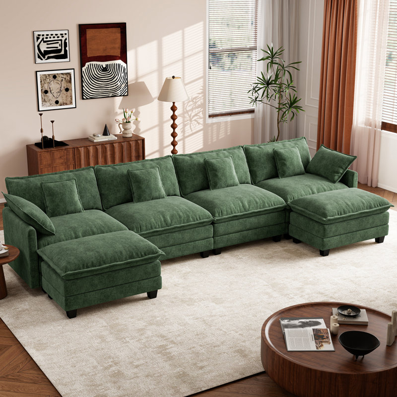 Canapé modulaire modulaire en U en chenille de 146,5 po avec deux repose-pieds George, Vert 