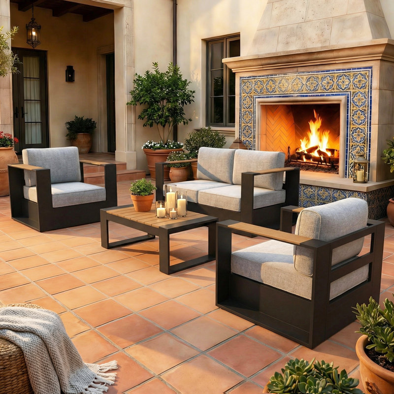  Outdoor Oversized Aluminum 4-piece Conversation Set With Coffee Table And 6-inch Cushion, Light Gray