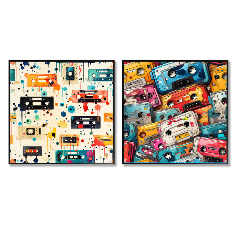 Motif de cassettes Graffiti Pop Art, ensemble de 2 collages carrés abstraits, Cadre flottant noir, H 16 po x l 33 po