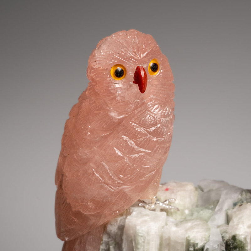 Genuine Hand Carved Fluorite And Rose Quartz Owl On A Green Tourmaline In Quartz Matrix (8"H)