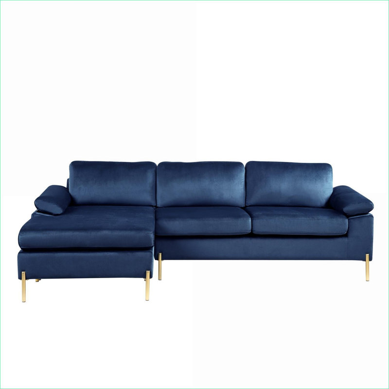 Sectional Sofas with Chaise – Mid-Century Modern Velvet for Movie Nights, Solid Wood Frame | Velvet | Standard, Blue Chenille
