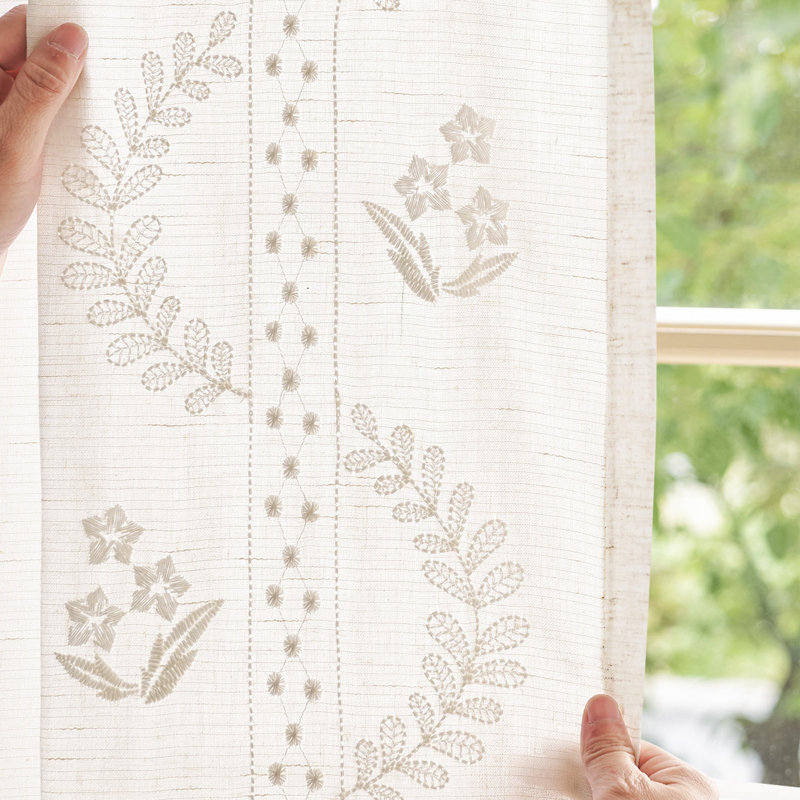 Linen Blend Embroidered Curtains Farmhouse Flower Patterned Curtains for Bedroom, 50" W x 63" L, White