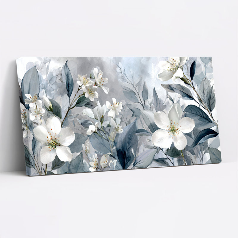 Ensemble de 1 tableau sur toile tendue à l'aquarelle, motif floral et feuilles, H 12 po x l 36 po