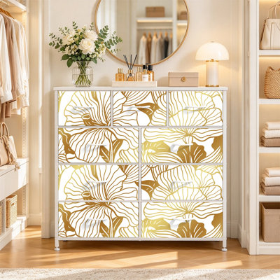 Commode avec 9 tiroirs en tissu, commode haute pour chambre à coucher, commode à grandes tiroirs pour le salon