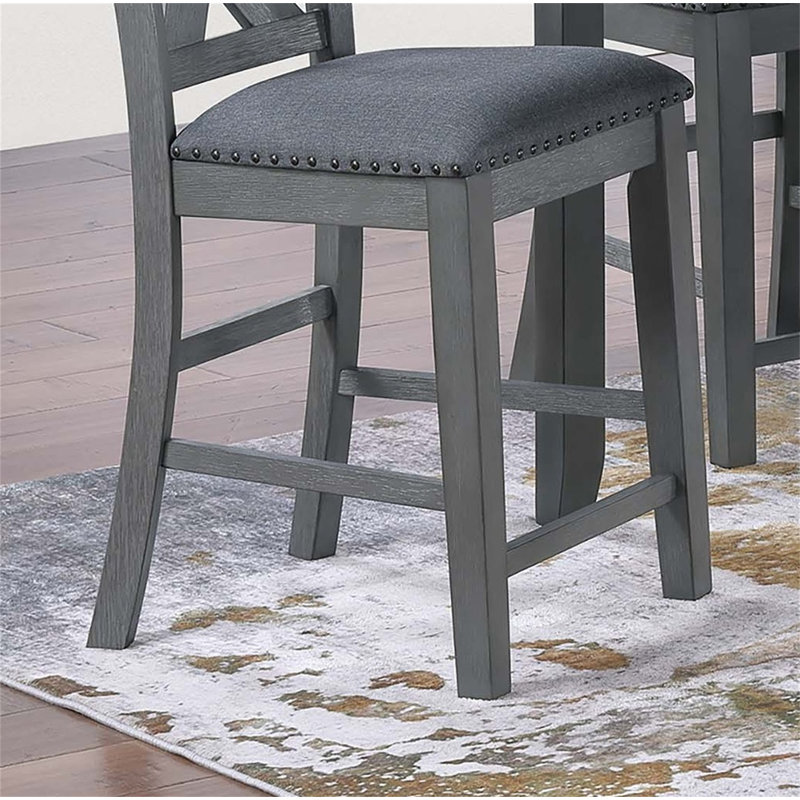 Modern Style Gray Dining Table 6X Chairs 7Pcs Counter Height Set Cushion Seat Nailhead X-Cross Back Chairs Dining Room Furniture