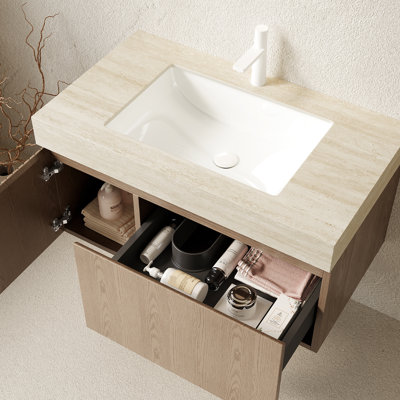 Meuble-lavabo flottant 36 po, comptoir en pierre frittée, lavabo en céramique avec trou pour robinet, armoire de rangement en contreplaqué, tiroir et porte préassemblés, beige et moderne, lavabo, brun,