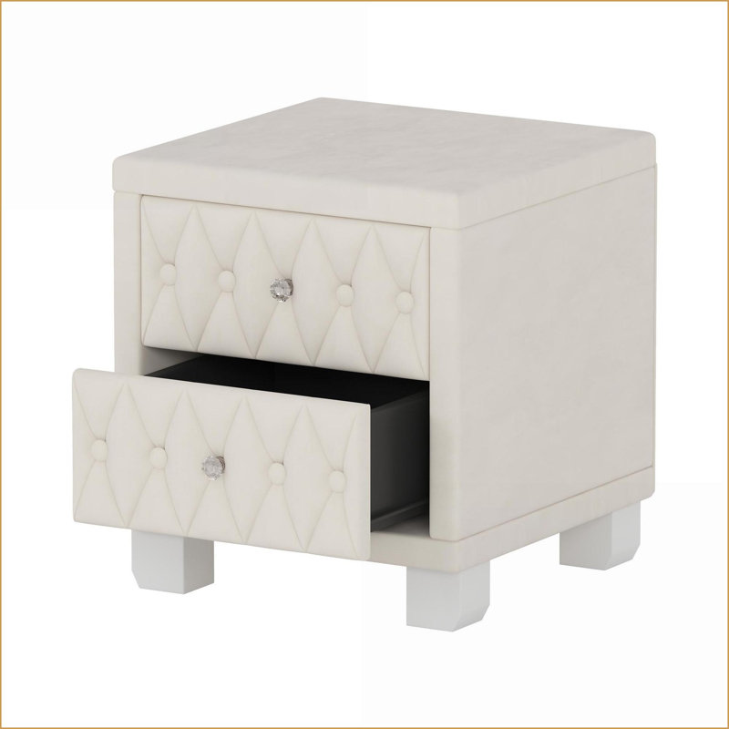 Table de chevet 2 tiroirs en velours beige avec poignées en cristal, facile à assembler, Beige