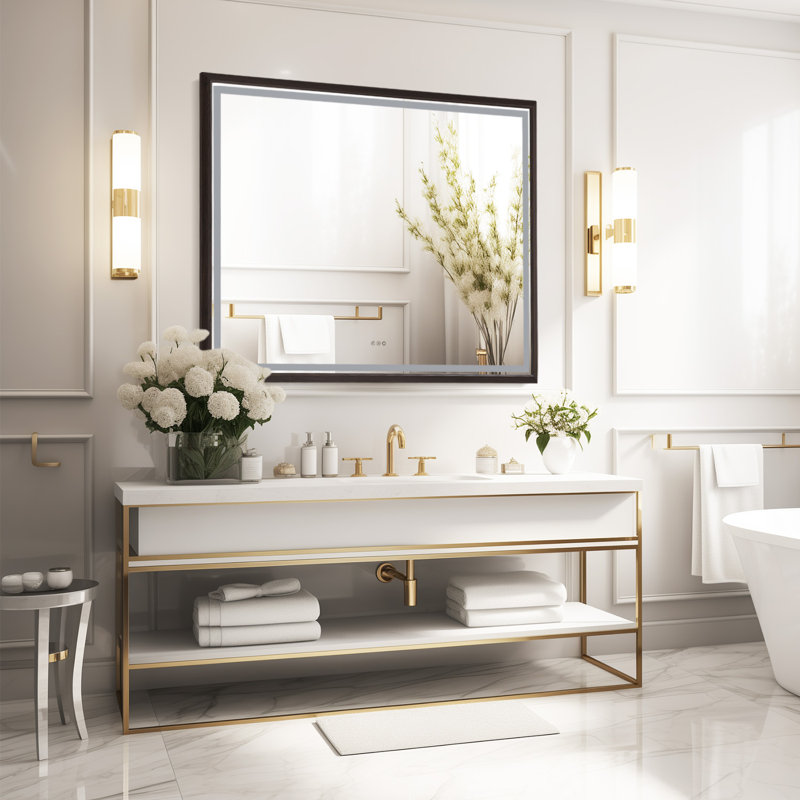 Miroir mural multifonctionnel en aluminium pour salle de bain, miroirs vatiny avec cadre en aluminium, couleur bois brun