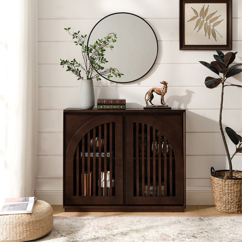Mid Century Modern Fluted Sideboard Cabinet With 2 Outlet Holes, Buffet Cabinet With Storage, Narrow Side Cabinet For Living Room Entryway Hallway Kitchen Coffee Bar