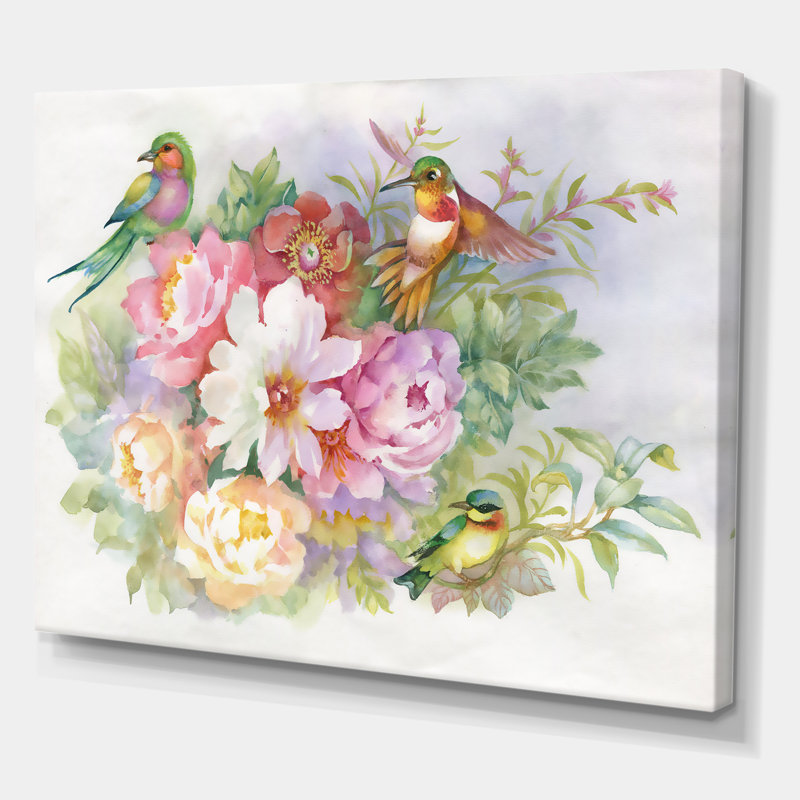 Fleurs vibrantes et oiseaux colorés - peinture sur toile, H 24 po x l 32 po x P 1 po, Toile tendue
