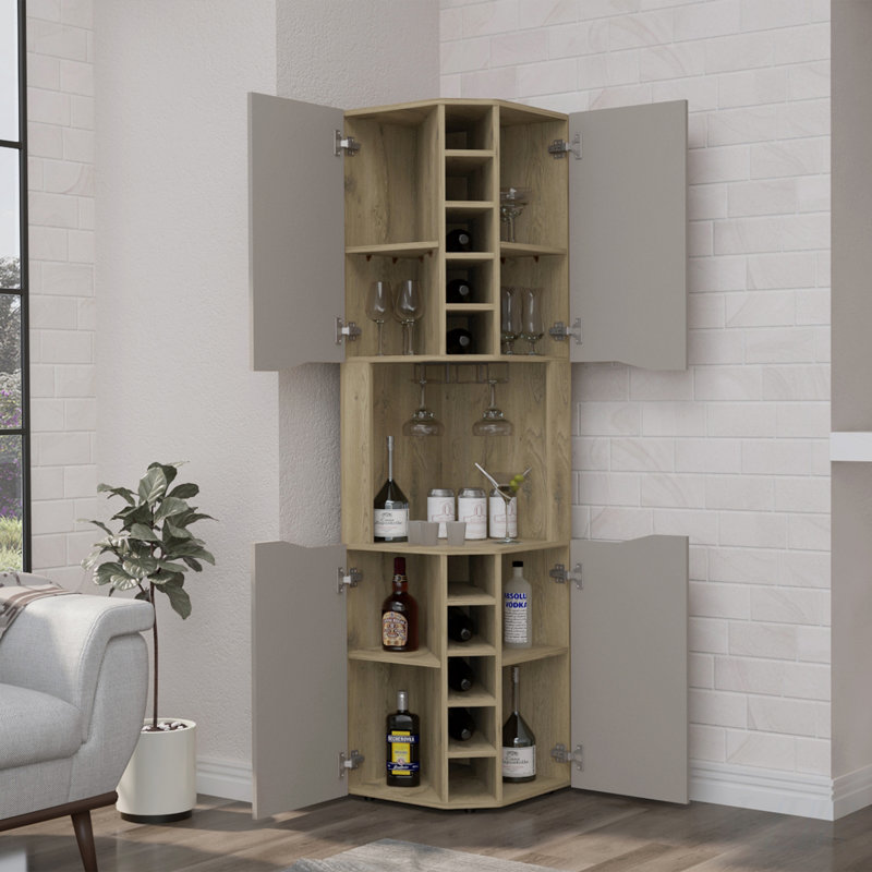 Armoire de bar Obregon avec dix porte-bouteilles intégrés, une porte, finition Macadamia / taupe pour un rangement efficace et élégant