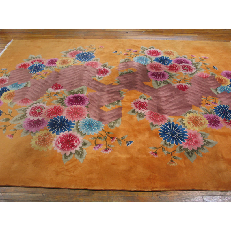 Beautiful Yellow Color Antique Geometric Floral Design Chinese Art Deco Rug
