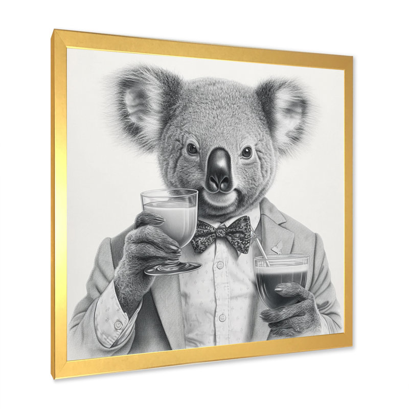 Koala ayant une boisson sur toile, H 24 po x l 24 po x P 1 po, Encadrement doré
