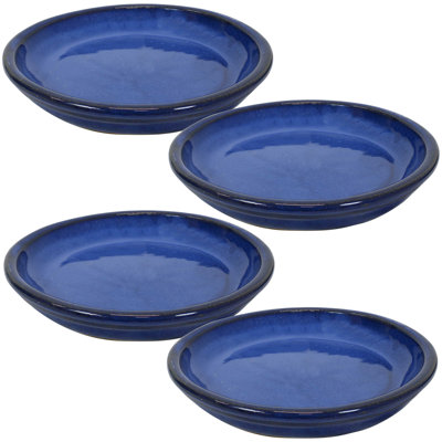 Ensemble de 4 pots à fleurs ronds en céramique émaillée ronde - convient aux jardinières de 7 po - Bleu