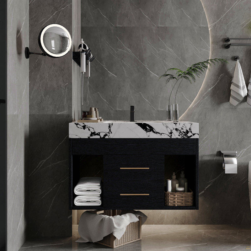 Ensemble de meuble-lavabo mural flottant 29,9 po, Noir, Noir, blanc