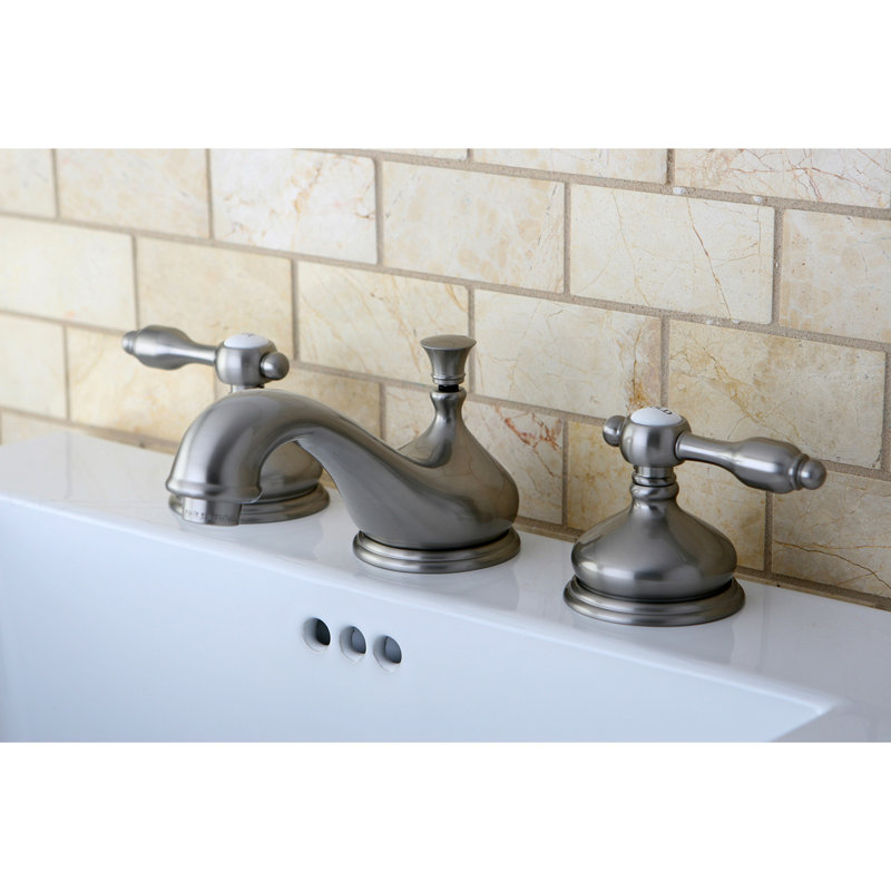 Kingston Brass Tudor Two-Handle 3-Hole Deck Mount Widespread Bathroom Faucet with Brass Pop-Up Drain, Brushed Nickel