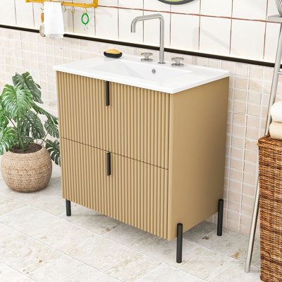 Meuble-lavabo cannelé élégant avec lavabo en céramique, tiroirs à fermeture en douceur et trous pré-percés