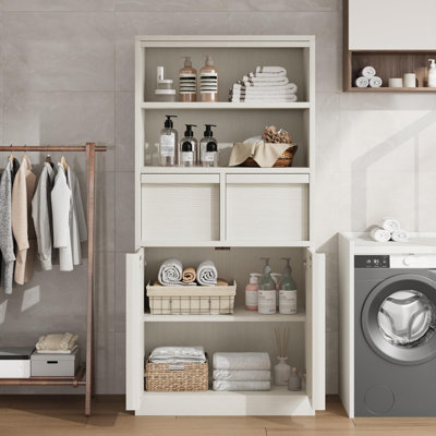 51''Tall Bathroom Cabinet, Floor Storage Cabinet with Doors & 2 Drawers, Organizer Cabinet Freestanding for Bathroom, Living Room, Kitchen & Pantry-Rustic White