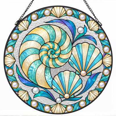 Blue And Cream Seashell Stained Glass Circular Design Canvas Wall Art