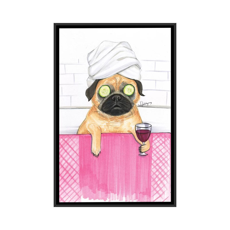 «Pug Bath», reproduction sur toile, H 26 po x l 18 po x p 1,5 po, Toile avec cadre flottant noir, Pas de tapis