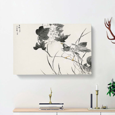 Grey Starling With White Lotus Flowers by Numata Kashu - Wrapped Canvas