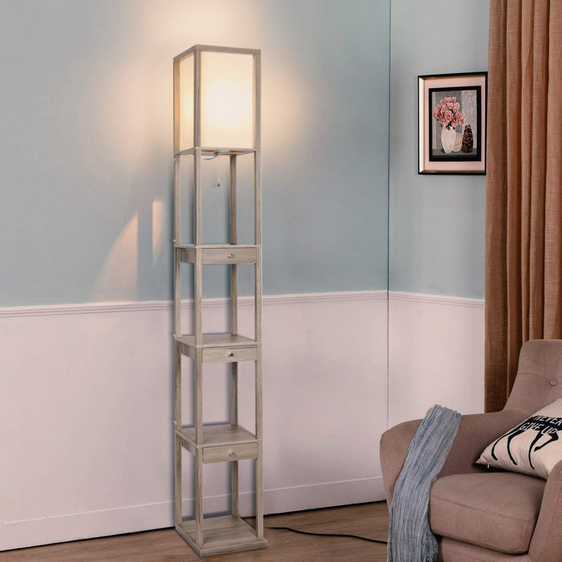Modern Floor Lamp With Drawer, Shelves, And LED Bulb - Asian-Inspired Design For Living Room, Bedroom, And Office, Gray