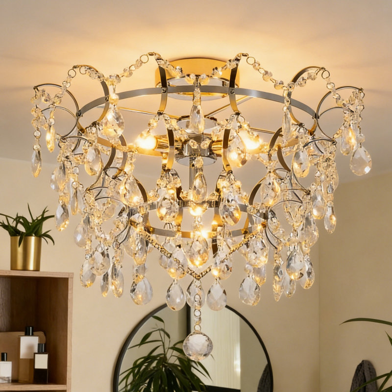 Plafonnier encastré moderne 4 lumières en métal et cristal Glam