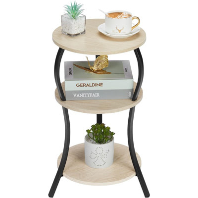 3-Tier Slim Round Side Table With Storage Shelves, Compact Circular End Table/Nightstand For Small Spaces, Sofa Side Table Or Coffee Table For Living Room And Bedroom, Oak Finish