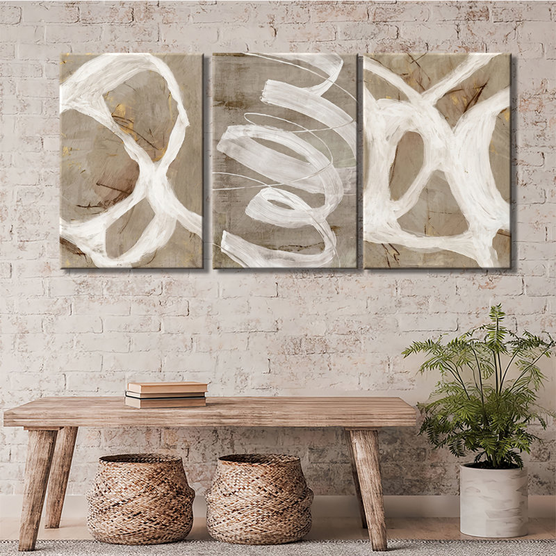 «Neutral White Line Abstract Art», ensemble de 3 impressions sur toiles tendues avec châssis de qualité supérieure