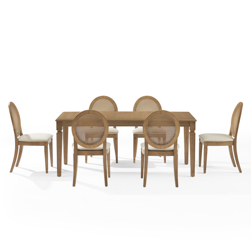 Ensemble de table de salle à manger 7 pièces Katia pour 6 chaises rembourrées à dossier canne, 7 pièces : table, 6 chaises